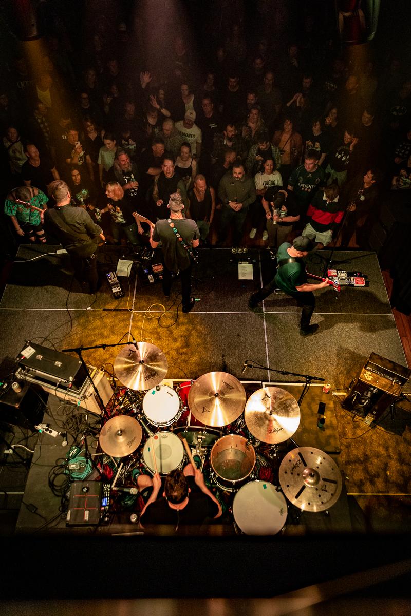 Looking down onto Dead Favours as they preform in front of a pack crowd at the Loons in Lyttelton.